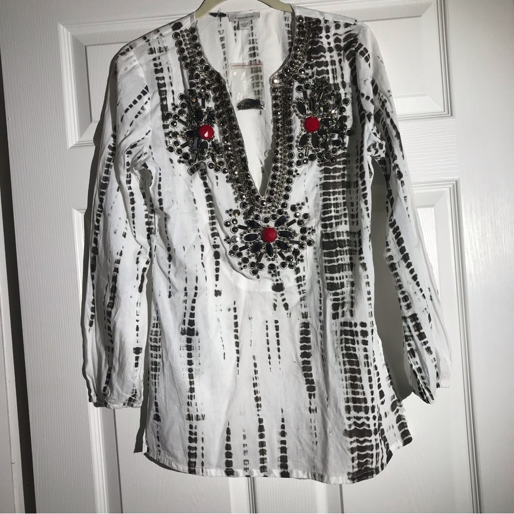 Boston Proper Tie Dye Embroidery Beads Tunic Blouse
Small
White and Gray - Picture 1 of 11
